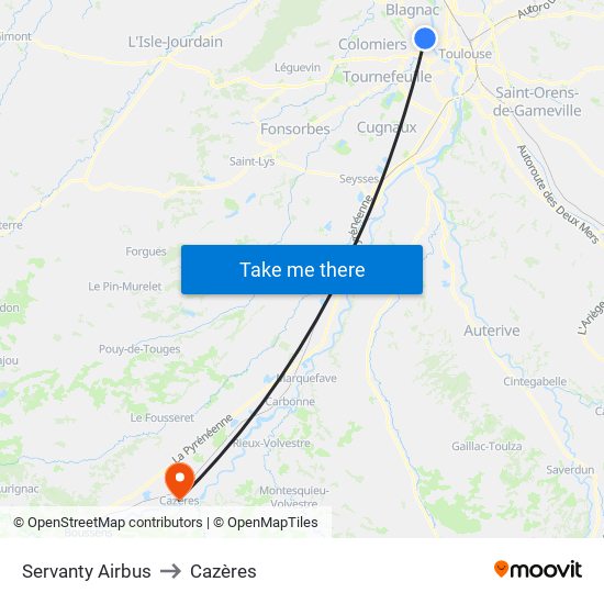 Servanty Airbus to Cazères map