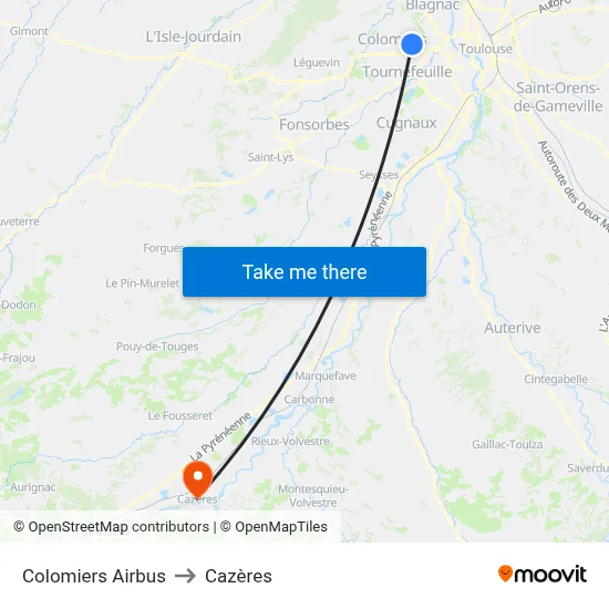 Colomiers Airbus to Cazères map
