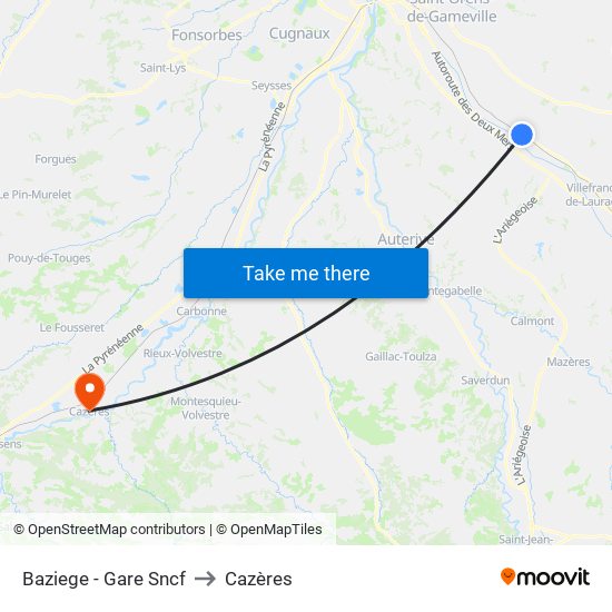 Baziege - Gare Sncf to Cazères map