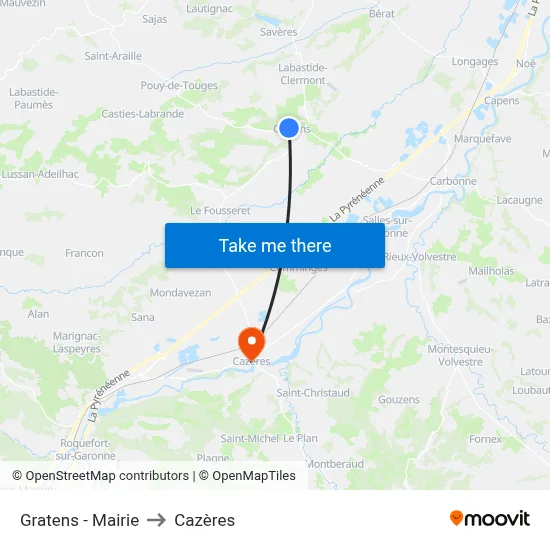 Gratens - Mairie to Cazères map