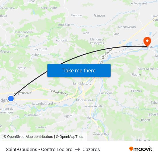Saint-Gaudens - Centre Leclerc to Cazères map