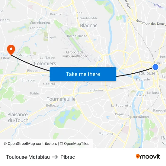 Toulouse-Matabiau to Pibrac map