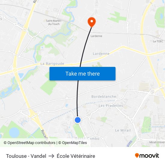 Toulouse - Vandel to École Vétérinaire map