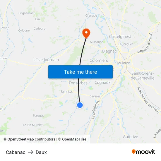 Cabanac to Daux map