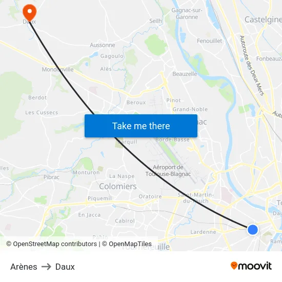 Arènes to Daux map