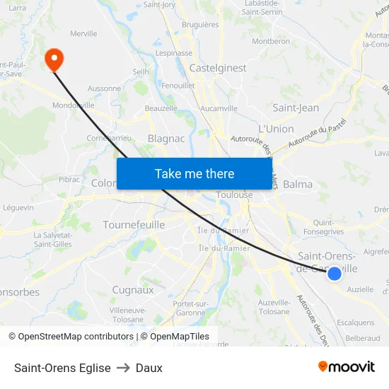 Saint-Orens Eglise to Daux map