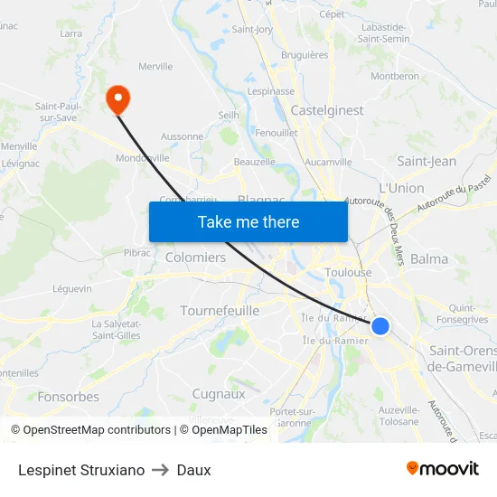 Lespinet Struxiano to Daux map