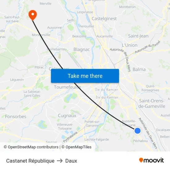 Castanet République to Daux map