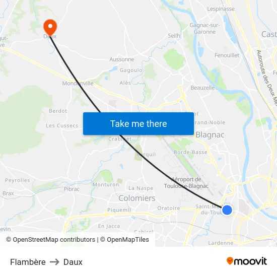 Flambère to Daux map