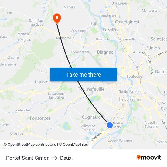 Portet Saint-Simon to Daux map