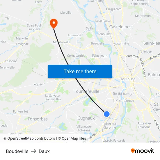 Boudeville to Daux map