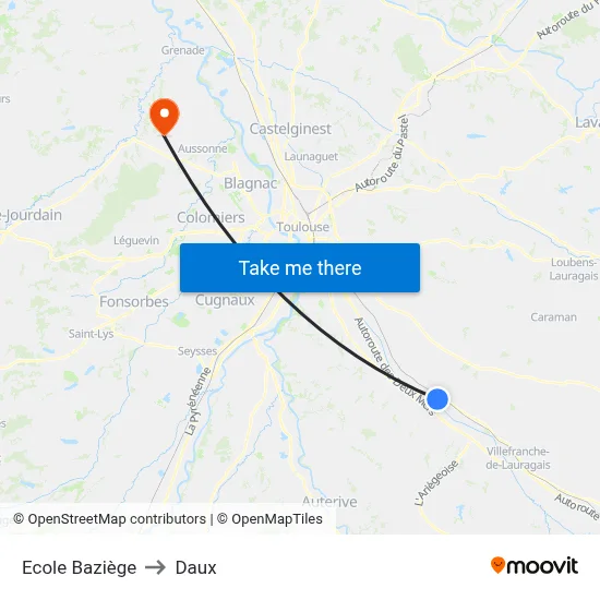 Ecole Baziège to Daux map