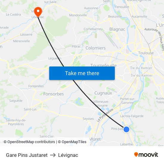Gare Pins Justaret to Lévignac map
