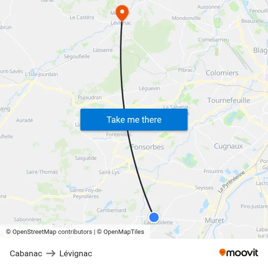 Cabanac to Lévignac map