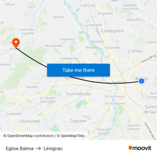 Eglise Balma to Lévignac map