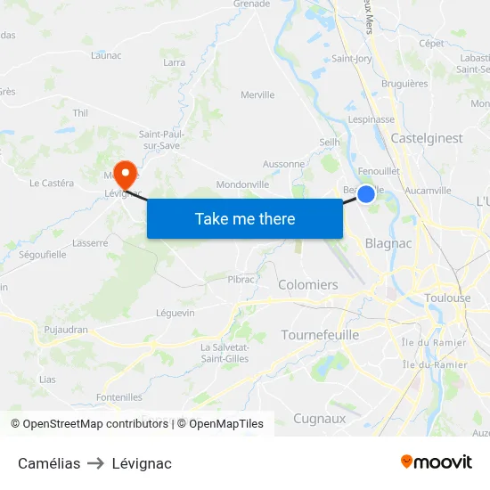 Camélias to Lévignac map