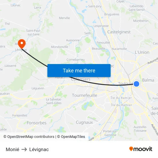 Monié to Lévignac map
