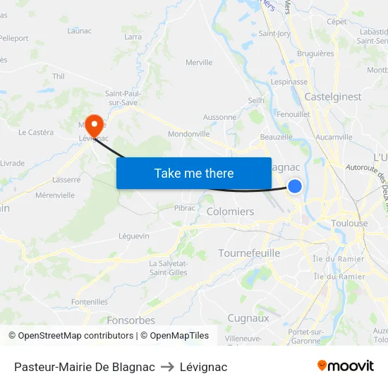 Pasteur-Mairie De Blagnac to Lévignac map