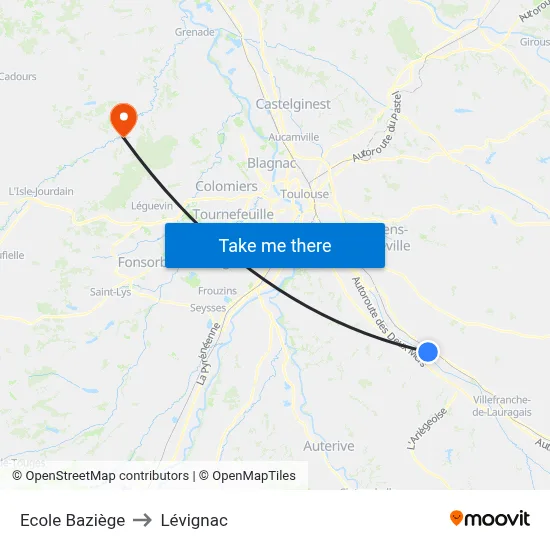 Ecole Baziège to Lévignac map