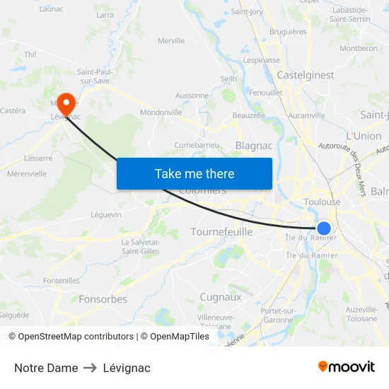 Notre Dame to Lévignac map