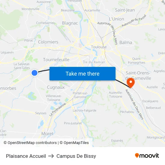 Plaisance Accueil to Campus De Bissy map