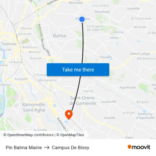 Pin Balma Mairie to Campus De Bissy map