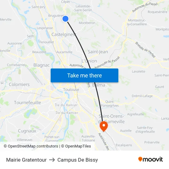 Mairie Gratentour to Campus De Bissy map