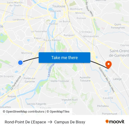 Rond-Point De L'Espace to Campus De Bissy map