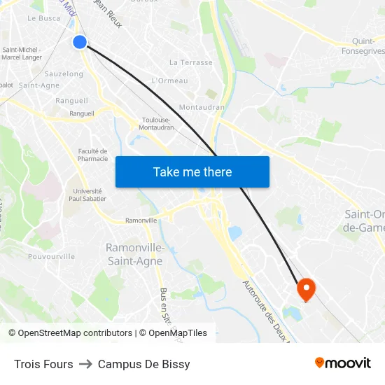 Trois Fours to Campus De Bissy map