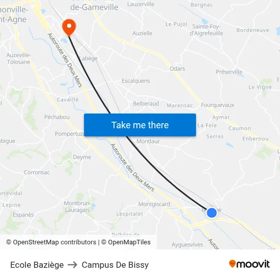 Ecole Baziège to Campus De Bissy map