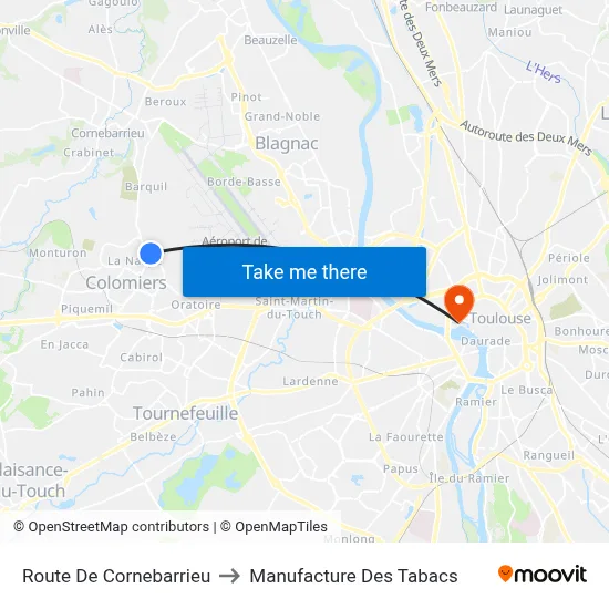Route De Cornebarrieu to Manufacture Des Tabacs map