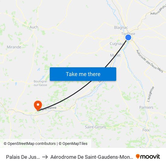 Palais De Justice to Aérodrome De Saint-Gaudens-Montréjeau map