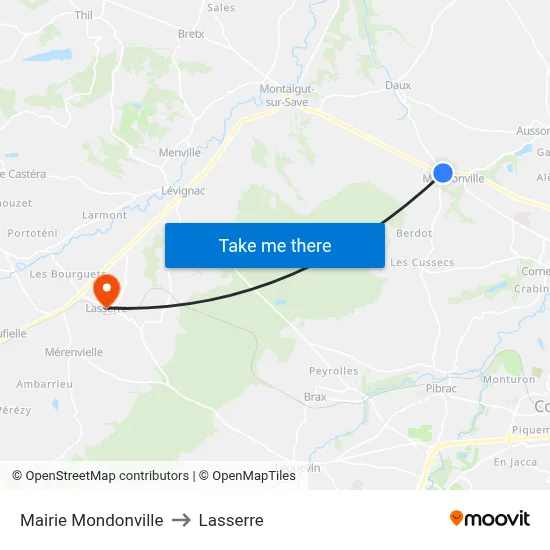 Mairie Mondonville to Lasserre map