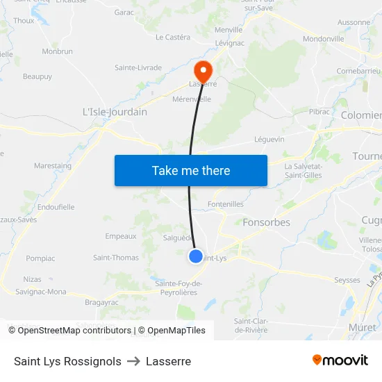Saint Lys Rossignols to Lasserre map