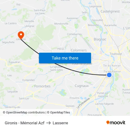 Gironis - Mémorial Azf to Lasserre map