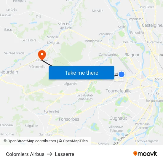 Colomiers Airbus to Lasserre map