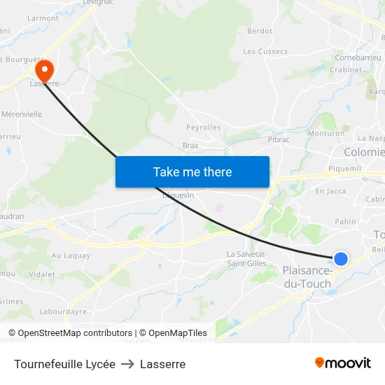 Tournefeuille Lycée to Lasserre map