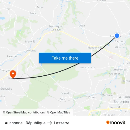 Aussonne - République to Lasserre map