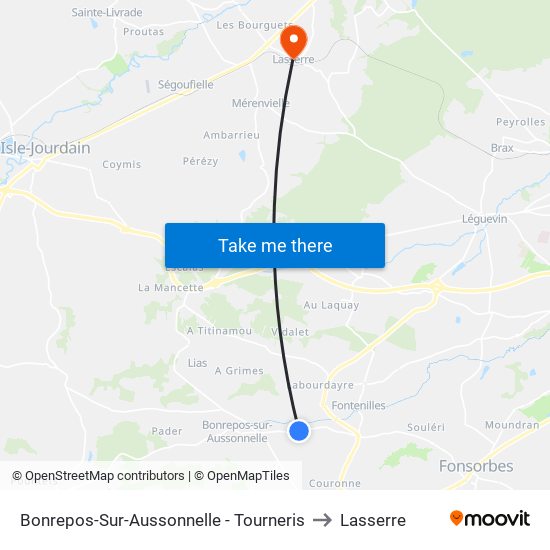 Bonrepos-Sur-Aussonnelle - Tourneris to Lasserre map