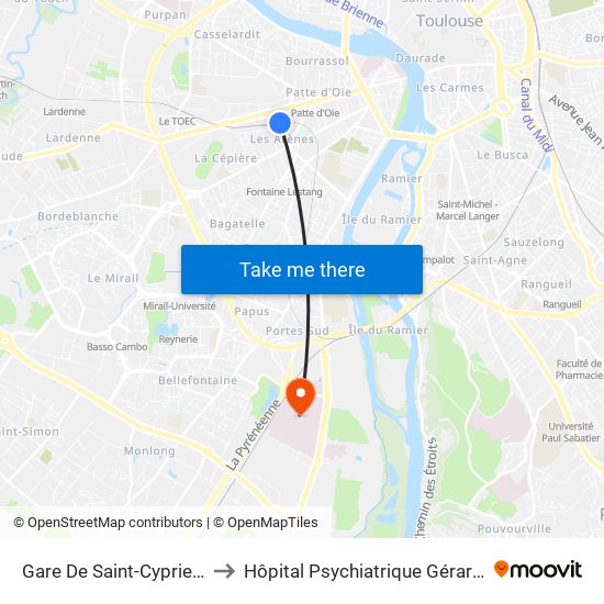 Gare De Saint-Cyprien-Arènes to Hôpital Psychiatrique Gérard Marchant map