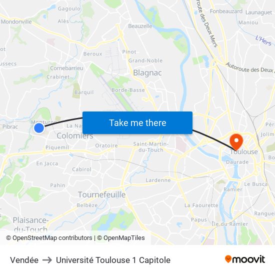 Vendée to Université Toulouse 1 Capitole map