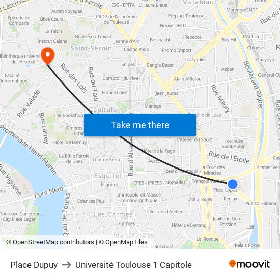 Place Dupuy to Université Toulouse 1 Capitole map