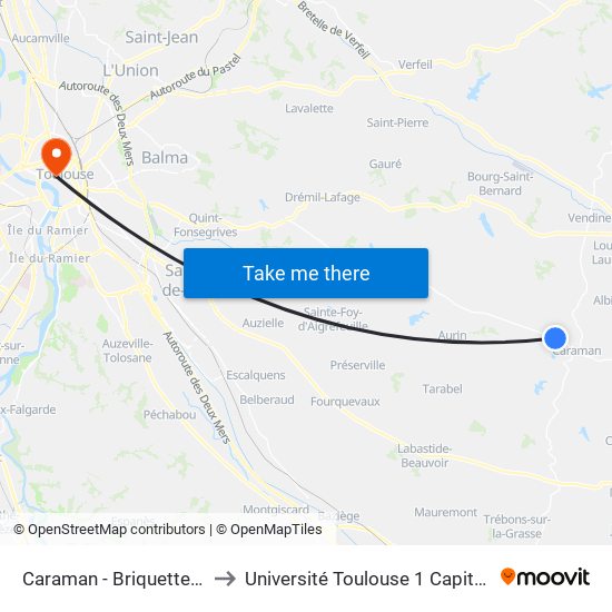Caraman - Briquetterie to Université Toulouse 1 Capitole map