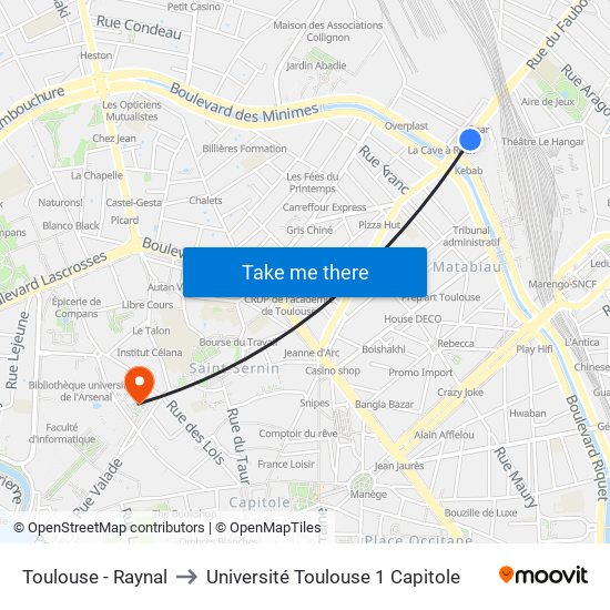 Toulouse - Raynal to Université Toulouse 1 Capitole map