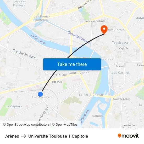Arènes to Université Toulouse 1 Capitole map