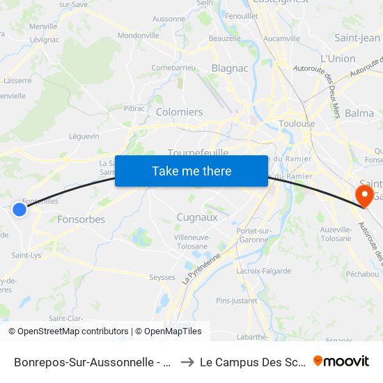Bonrepos-Sur-Aussonnelle - Tourneris to Le Campus Des Sciences map