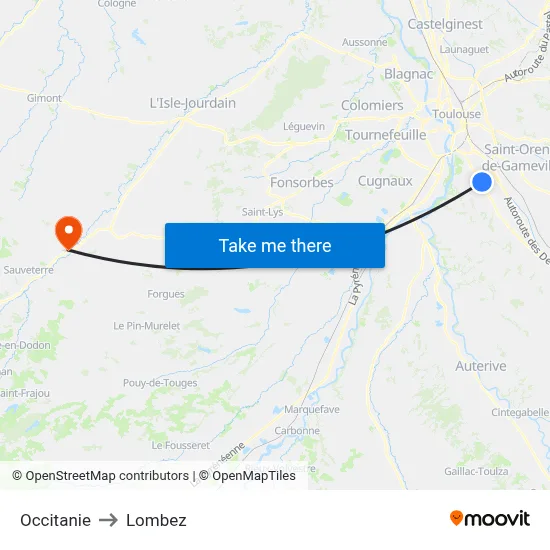 Occitanie to Lombez map