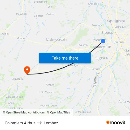 Colomiers Airbus to Lombez map