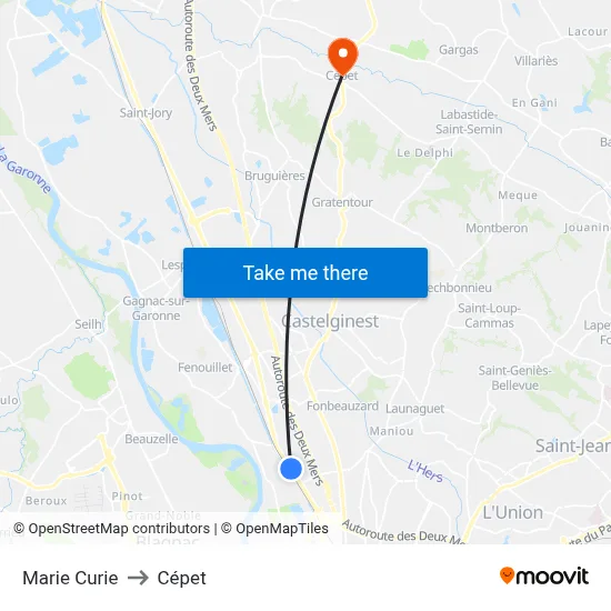 Marie Curie to Cépet map