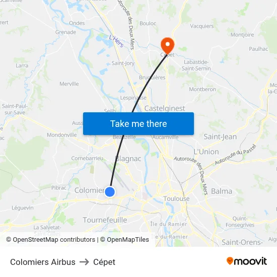 Colomiers Airbus to Cépet map